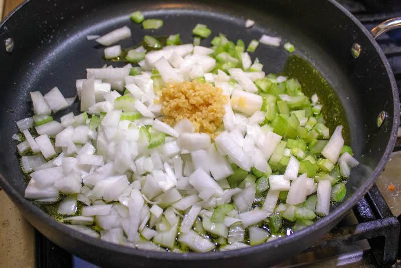 Sauteeing Onion, Celery, And Garlic.