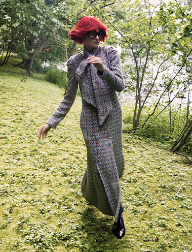 BROCK COLLECTION coat dress with scarf; GUCCI glasses; ETRO shoes