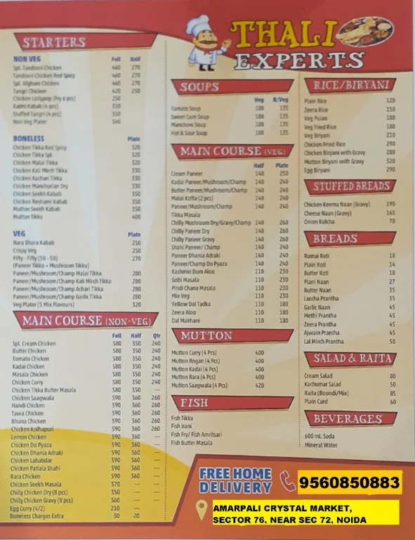 Thali Experts menu 