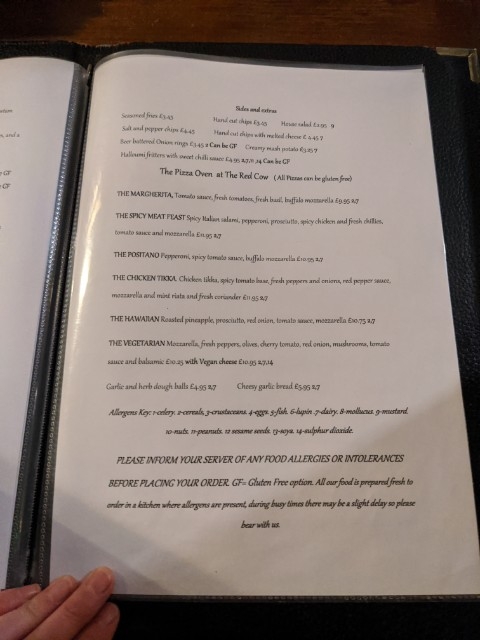 The Red Cow gluten-free menu