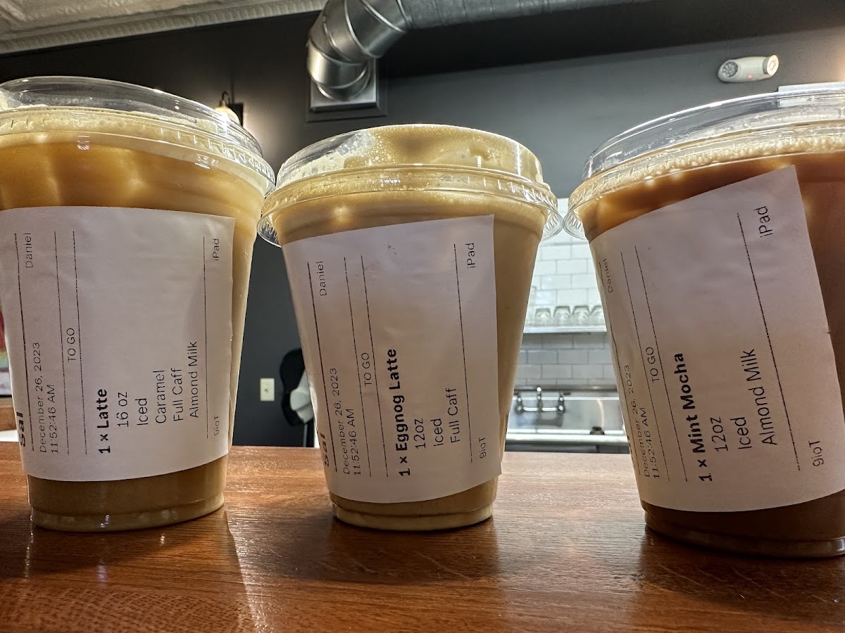 Eggnog latte, Mint Mocha, Carmel Latte