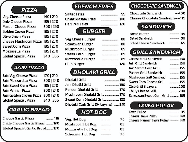 Global Pizza menu 