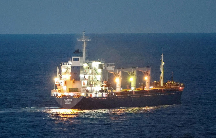 The Sierra Leone-flagged cargo ship, Razoni, carrying Ukrainian grain heads across the Black Sea near Istanbul, Turkey, August 2 2022. Picture: YORUK ISIK/REUTERS