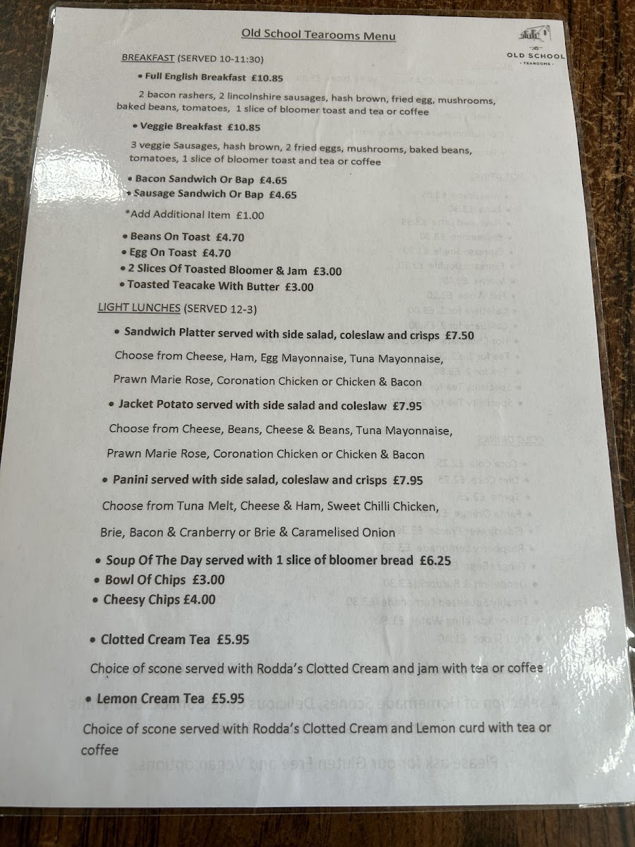 The Old School Tearooms gluten-free menu