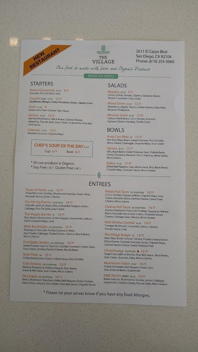 The Village gluten-free menu