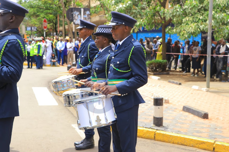 Nairobi City County Inspectorate play their instuments ahead of Governor Johnson Sakaja's County Assembly address on the status of the county on April 4, 2024