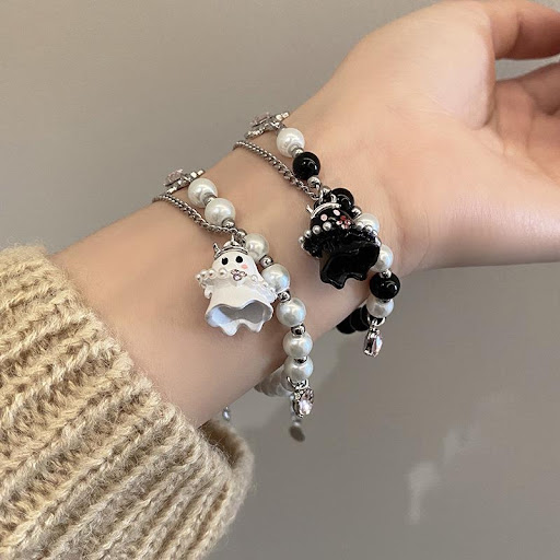 Title 3, Black and White Small Ghost Beaded Bracelet for...