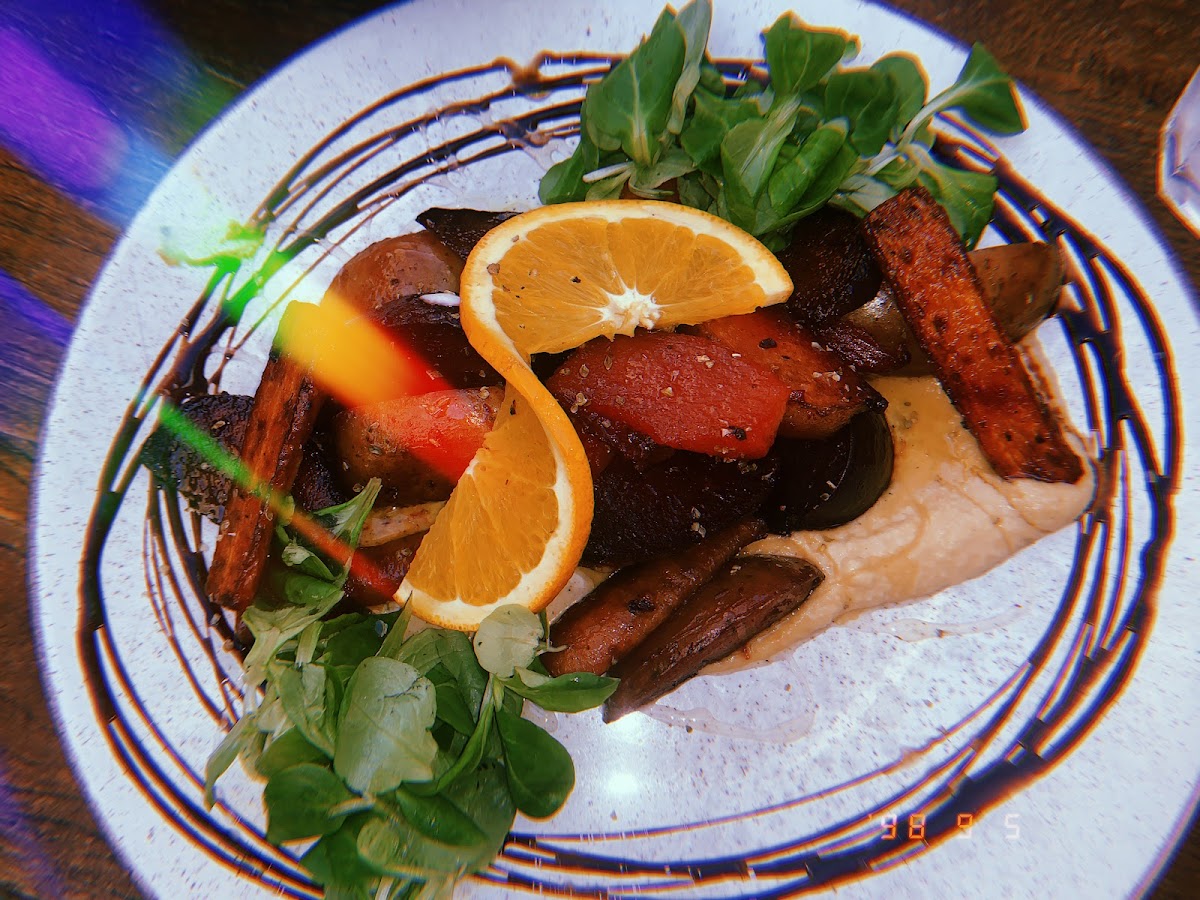 Roasted Root Vegetables on Hummus