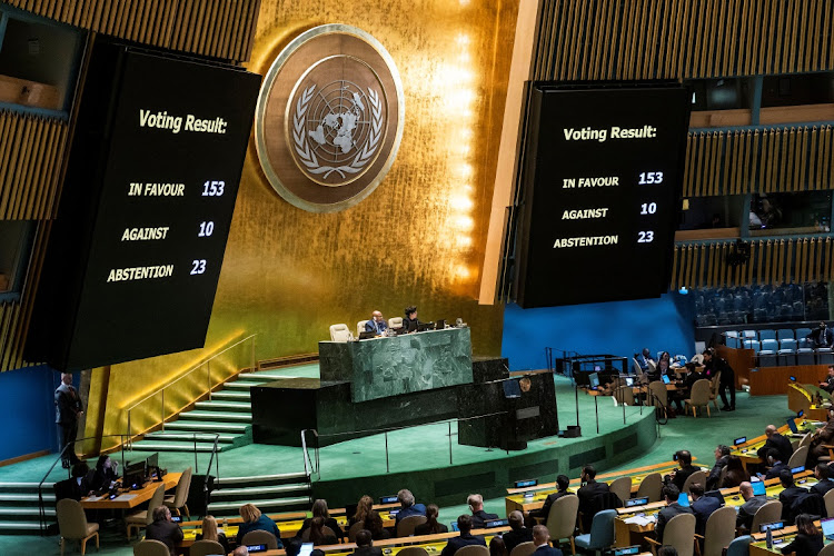 A screen shows the voting results during the meeting of the UN General Assembly on a ceasefire resolution, amid the conflict between Israel and Hamas, in New York, December 12 2023. Picture: REUTERS/Eduardo Munoz