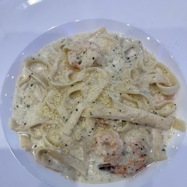 GF fettuccine with shrimp in a parmesan cream sauce