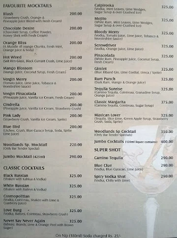 Woodlands Restaurant and Bar menu 