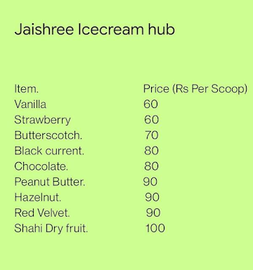 Jaishree Ice Cream Hub menu 