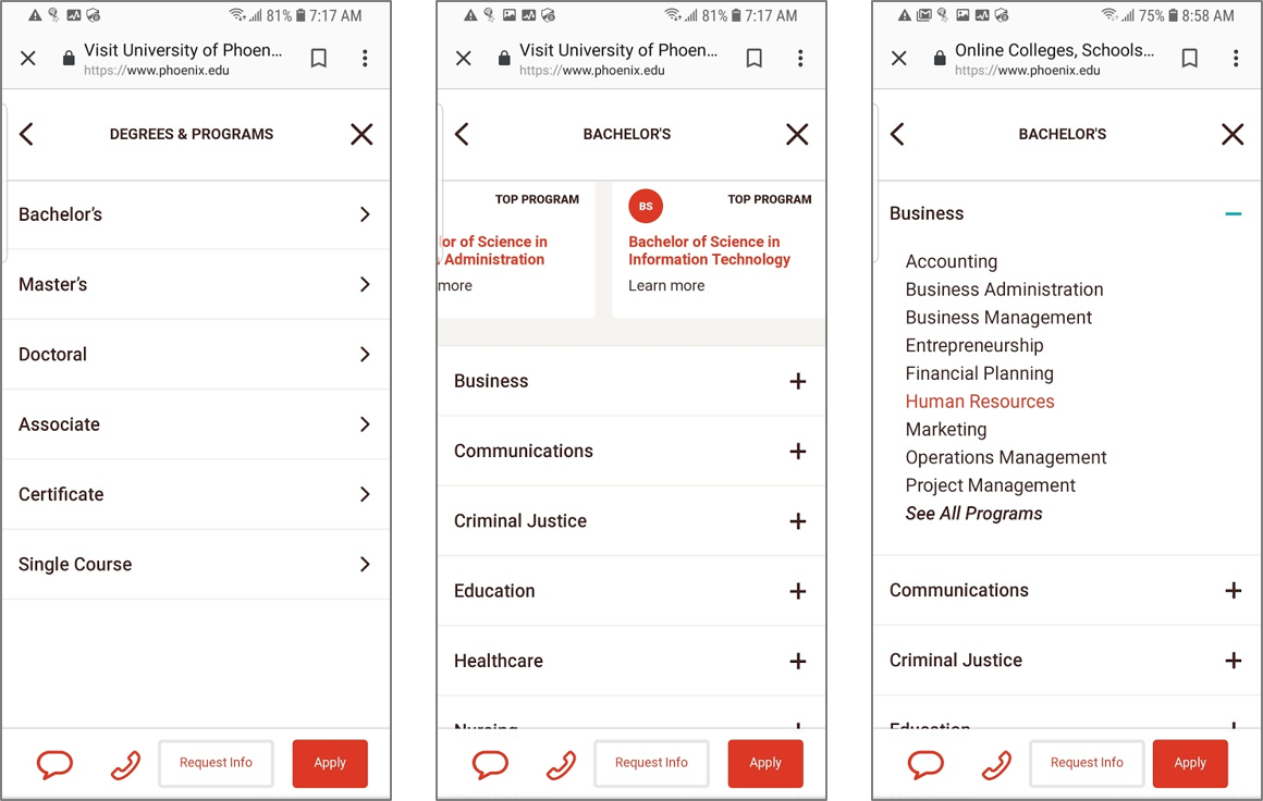 screenshot of Phoenix.edu showing the main menu with a degrees submenu on a mobile device