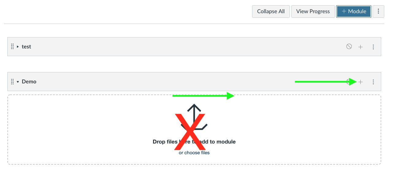 Screenshot of the Modules page with the Upload Files tool crossed out and the + icon highlighted.