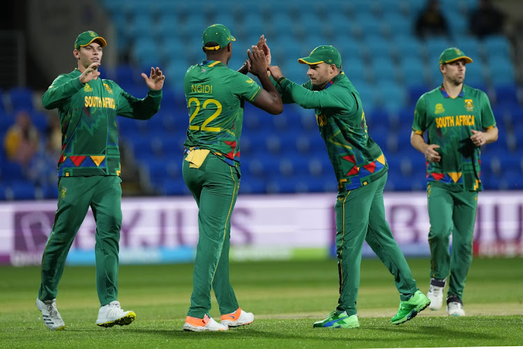 Proteas celebrates the wicket of Zimbabwe batsman during the 2022 ICC Men's T20 World Cup match between SA and Zimbabwe at Blundstone Arena on October 24 2022 in Hobart, Australia. Picture: GALLO IMAGES/ISURU SAMEERA