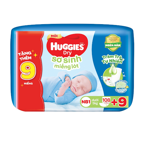 Miếng lót sơ sinh Huggies Tràm Trà Newborn NB1 108 miếng + Tặng 9 miếng NB1