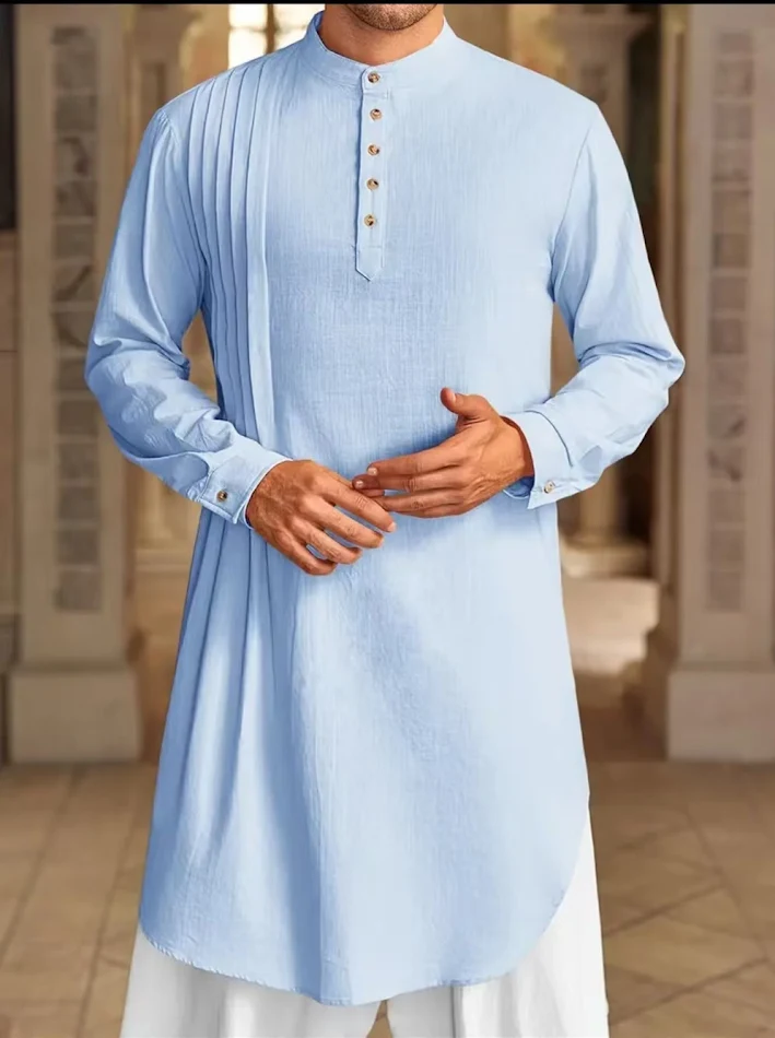 Heren Button Cotton Linen Shirt Robe - comfortabele badjas uit een katoen-linnen mix, perfect voor een relaxte dag of warme zomerdagen.