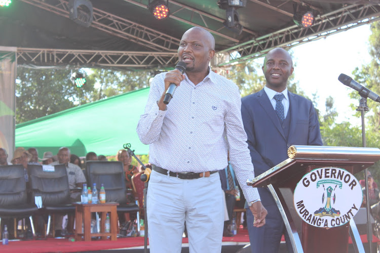 Trade Cabinet Secretary Moses Kuria at Gatunyu market in Gatanga constituency, Murang'a County with governor Irungu Kang'ata on April 2, 2023.