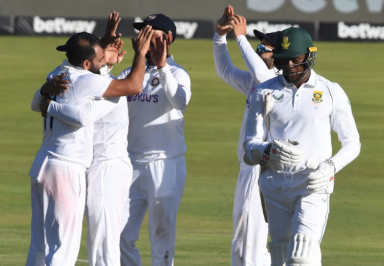Mohammed Shami of India celebrates the wicket of Kagiso Rabada of the Proteas on day 3 of the first Test at SuperSport Park in Centurion on December 28 2021.