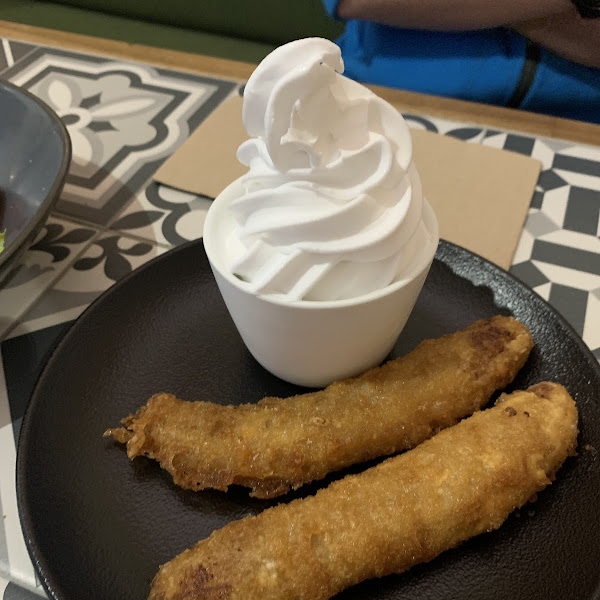 Cocunut soft serve and banana fritter