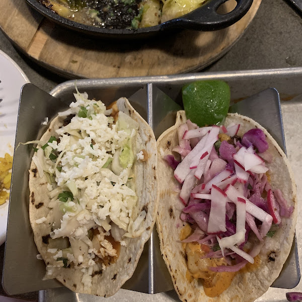 From taco menu: left is pork belly and right is shrimp. Both were fantastic!