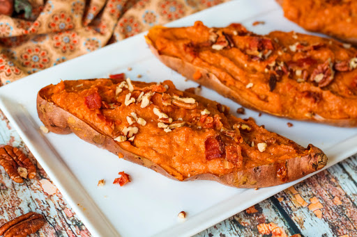 Thanksgiving Twice Baked Pumpkin Sweet Potatoes on a platter.