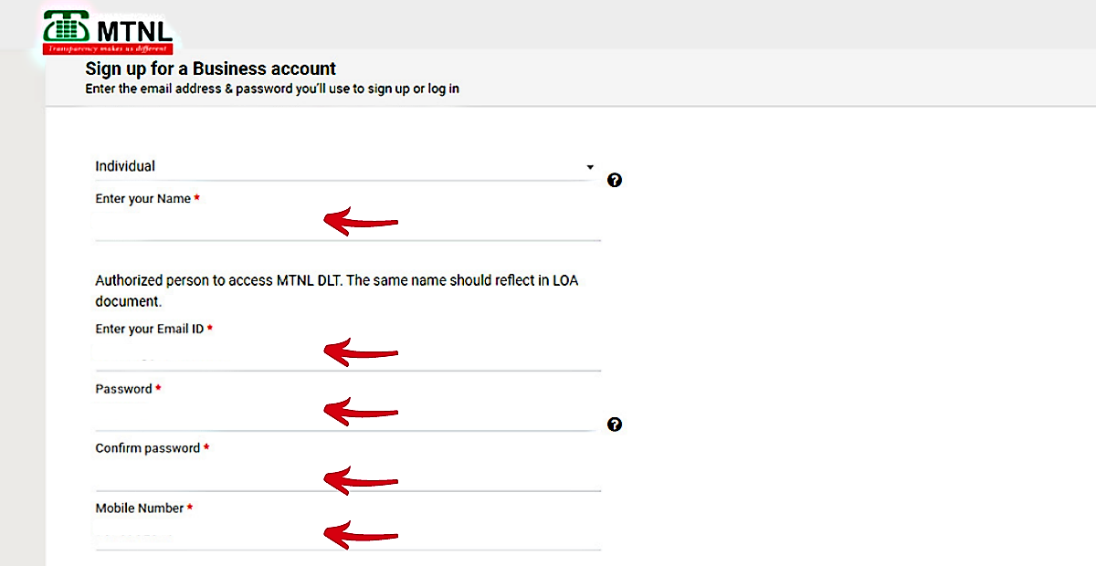 add details about your business for MTNL DLT registration