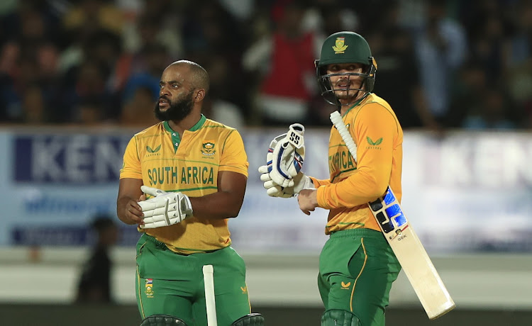 Proteas white ball captain Temba Bavuma and opening partner Quinton de Kock during the 4th T20 match against India at Saurashtra Cricket Association Stadium in Rajkot, India in June.