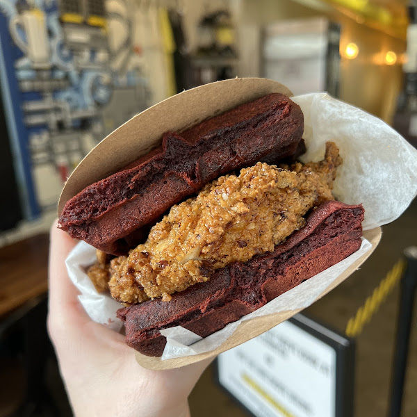 It’s that time for GF Red Velvet waffles prepared with pecan crusted chicken and drizzled in maple syrup! Get it before it sells out 🤤🤤 2/9- 2/18