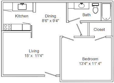 A1 Floorplan 1 Bed 1 Bath