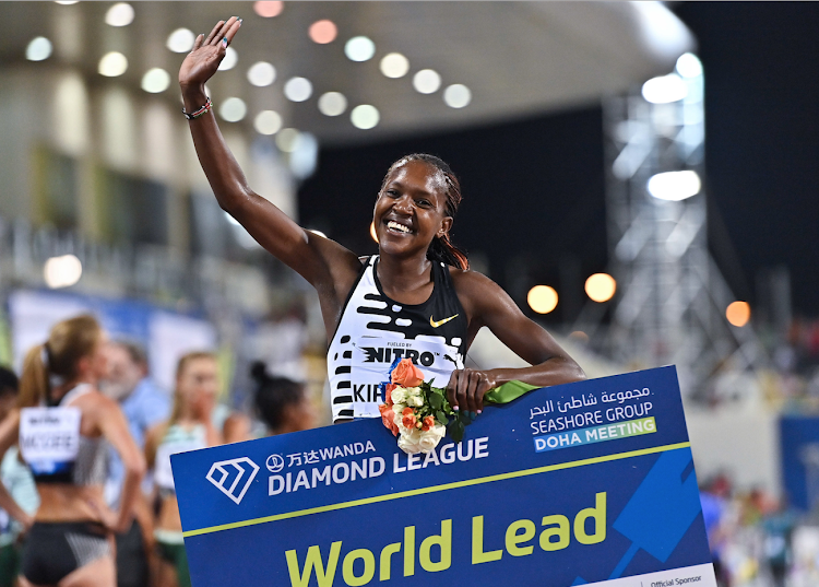 Gold medalist Faith Kipyegon of Kenya celebrates after winning women's 1500m race at the 2023 Diamond League athletics meeting in Doha