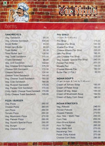 Veg Sizzel's menu 