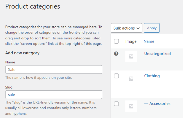 Product sale categories