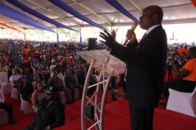 Former county secretary for Homa Bay Isaiah Ogwe speaks during the launch of his campaign for governorship in Homa Bay town on March 19,2022