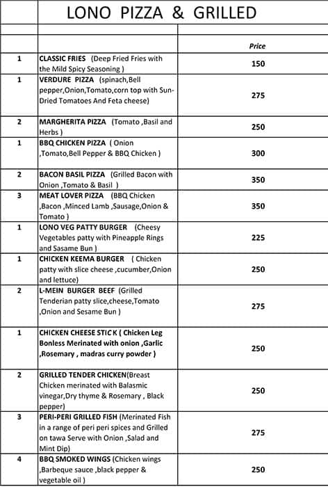 Lono Pizza & Grills menu 