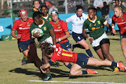 Springbok Women player Lusanda Dumke on her way to scoring one of the team's tries against Spain during the during the 2nd Test at Fanie du Toit Stadium on August 19, 2022 in Potchefstroom, South Africa.