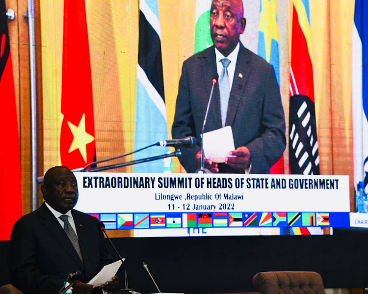 President Cyril Ramaphosa addresses his regional counterparts at a Sadc extraordinary summit of the heads of state and government held in Malawi in January 2022.