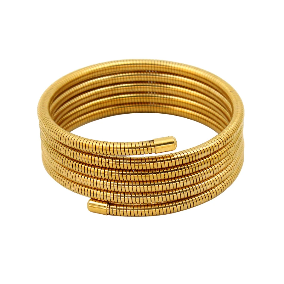 Anel Aço Inox Banhado a Ouro 18K Pulseira Mola Multicamadas. Design elegante e moderno, conforto incomparável e brilho duradouro para o seu pulso.