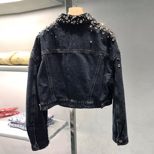 Title 2, Beaded and Diamond Long-sleeved Loose Denim Jac...