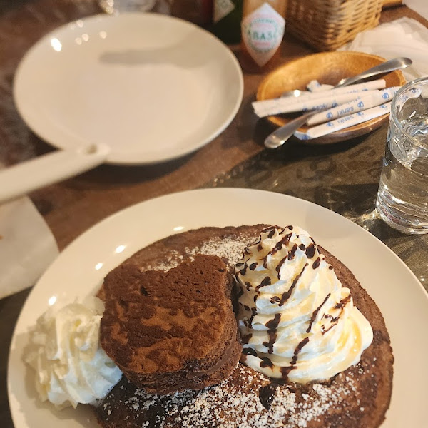 GF chocolate pancakes + cinnamon pancakes in background.  Massive sizes