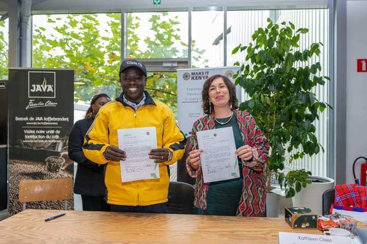 Deputy President Rigathi Gachagua with Java CEO Kathleen Claes after the signing of the agreement in Belgium on October 26, 2023.