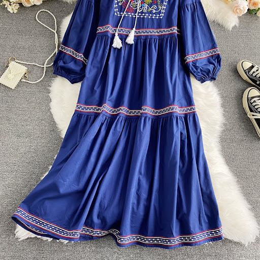 Title 25, Embroidered V-neck Tassel Lace-up Large Swing D...