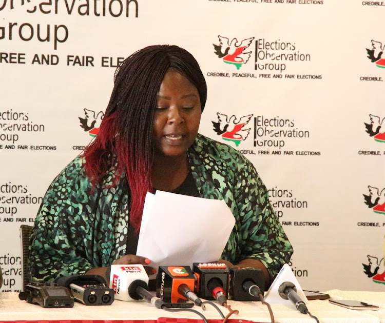 Executive Director of Transparency International Kenya (TI-Kenya) Sheila Masinde during a joint Civil Society statement on the ongoing political party primaries ahead of August 9 polls in Nairobi on April 10 2022.