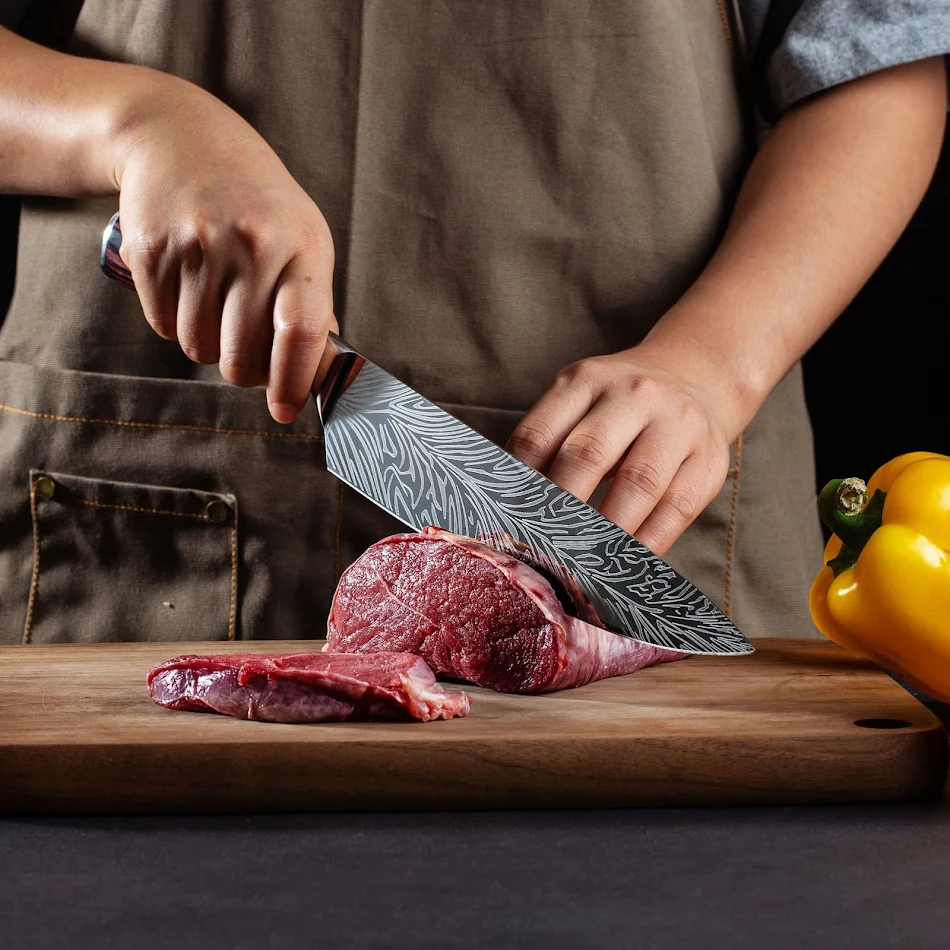 Stainless Steel Chef Damascus Grain Kitchen Knife. Achieve precision cuts with this durable and stylish knife, ideal for