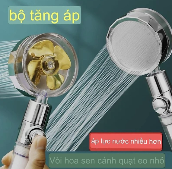 Đầu Vòi Hoa Sen Tăng Áp Cánh Quạt Đầu Xoay 360 Độ Có Nút Nhấn Tắt Nước, Tiết Kiệm Nước Bao Gồm Dây Sen