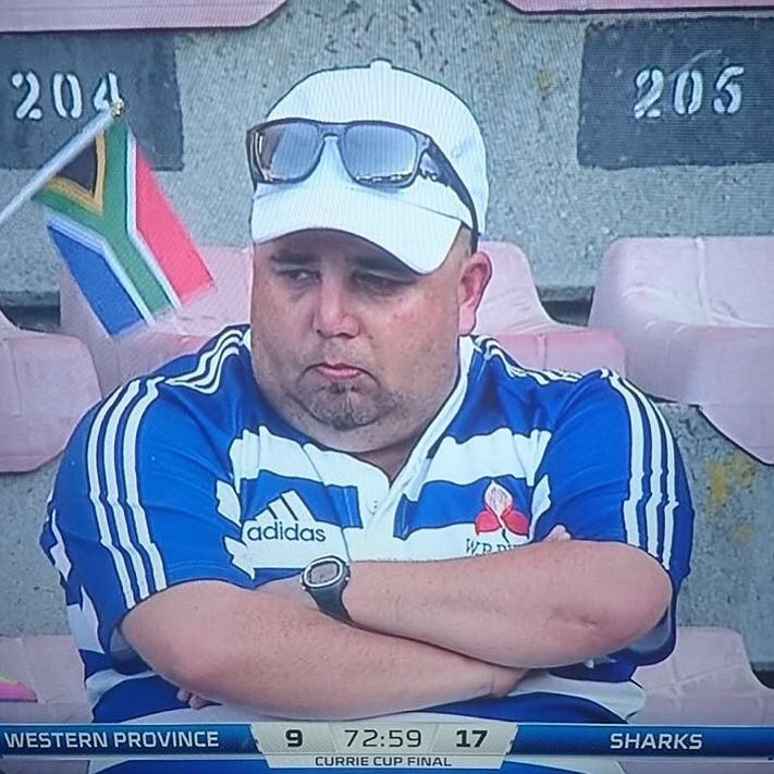 A photo of Western Province supporter Jacques van Wyk captured on TV during the Currie Cup final match against the Sharks at Newlands in Cape Town.