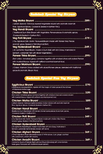 Badshah Biryani menu 