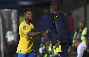 Cassius Mailula of Mamelodi Sundowns celebrates a goal with head coach Rulani Mokwena in the DStv Premiership match against Maritzburg United at Harry Gwala Stadium in Durban on October 25 2022.