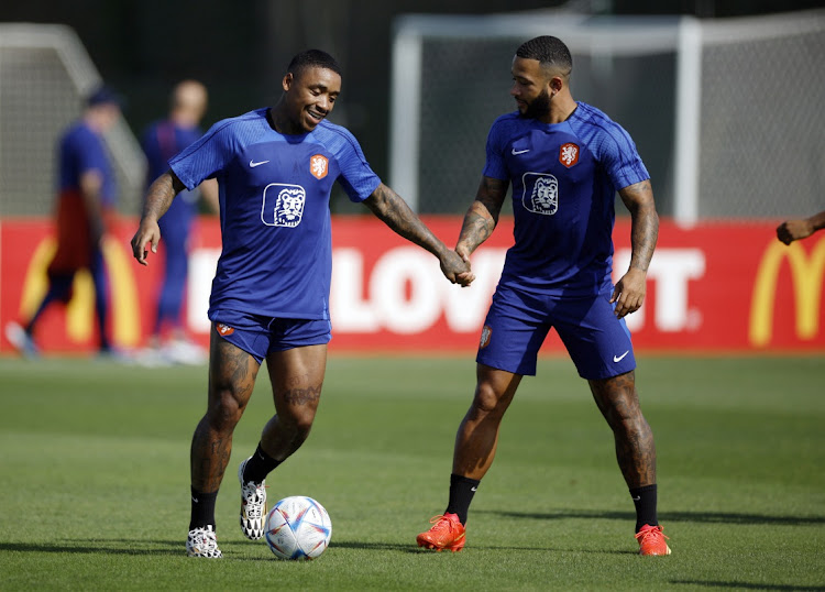 Netherlands' Steven Bergwijn and Memphis Depay during training at the Qatar University Training Site, Doha, Qatar on November 16 2022 Picture: REUTERS/JOHN SIBLEY