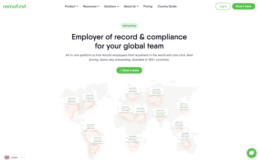 Screenshot of Remofirst’s homepage showing a global map with new hires highlighted in different locations.